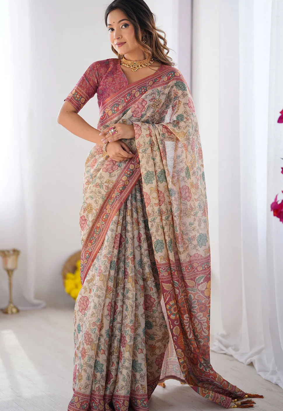 Digital Printed Cotton Saree in Cream