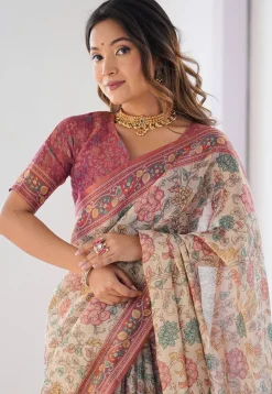 Digital Printed Cotton Saree in Cream