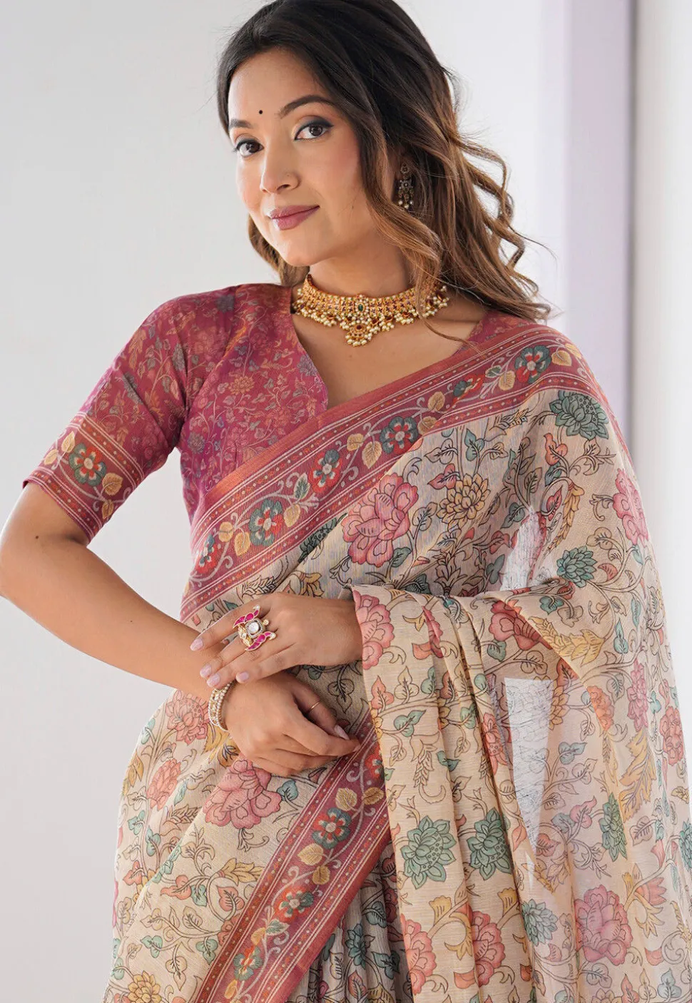 Digital Printed Cotton Saree in Cream