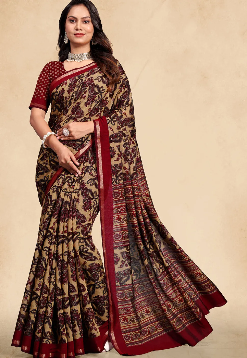 Digital Printed Cotton Saree in Beige