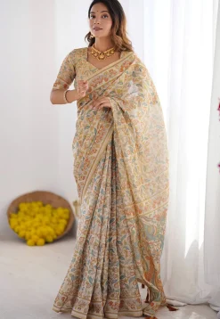 Digital Printed Cotton Saree in Cream