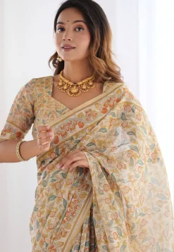 Digital Printed Cotton Saree in Cream