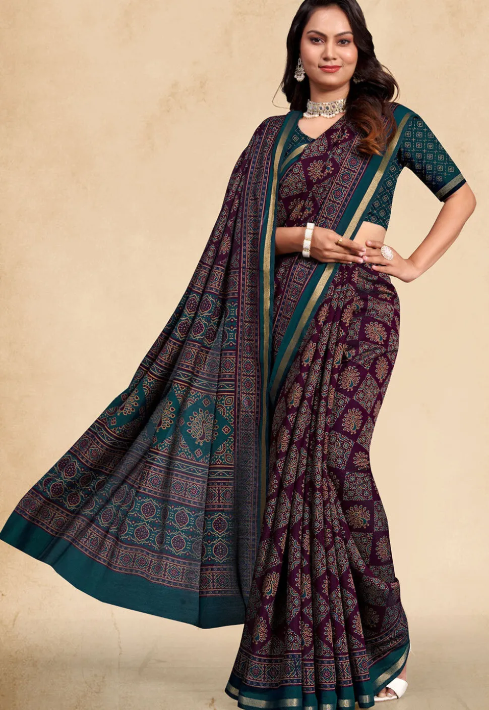 Digital Printed Cotton Saree in Purple