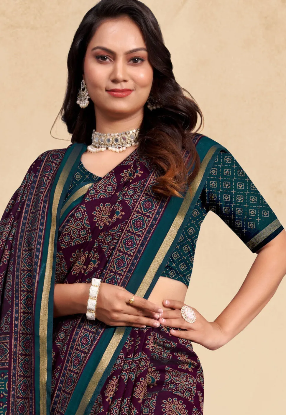 Digital Printed Cotton Saree in Purple