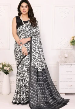 Digital Printed Cotton Saree in Off White
