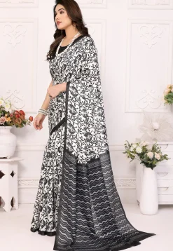 Digital Printed Cotton Saree in Off White