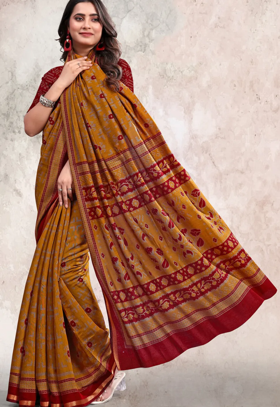 Digital Printed Cotton Saree in Mustard