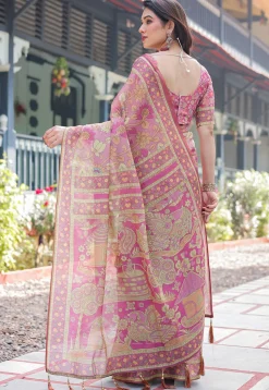 Digital Printed Cotton Saree in Pink