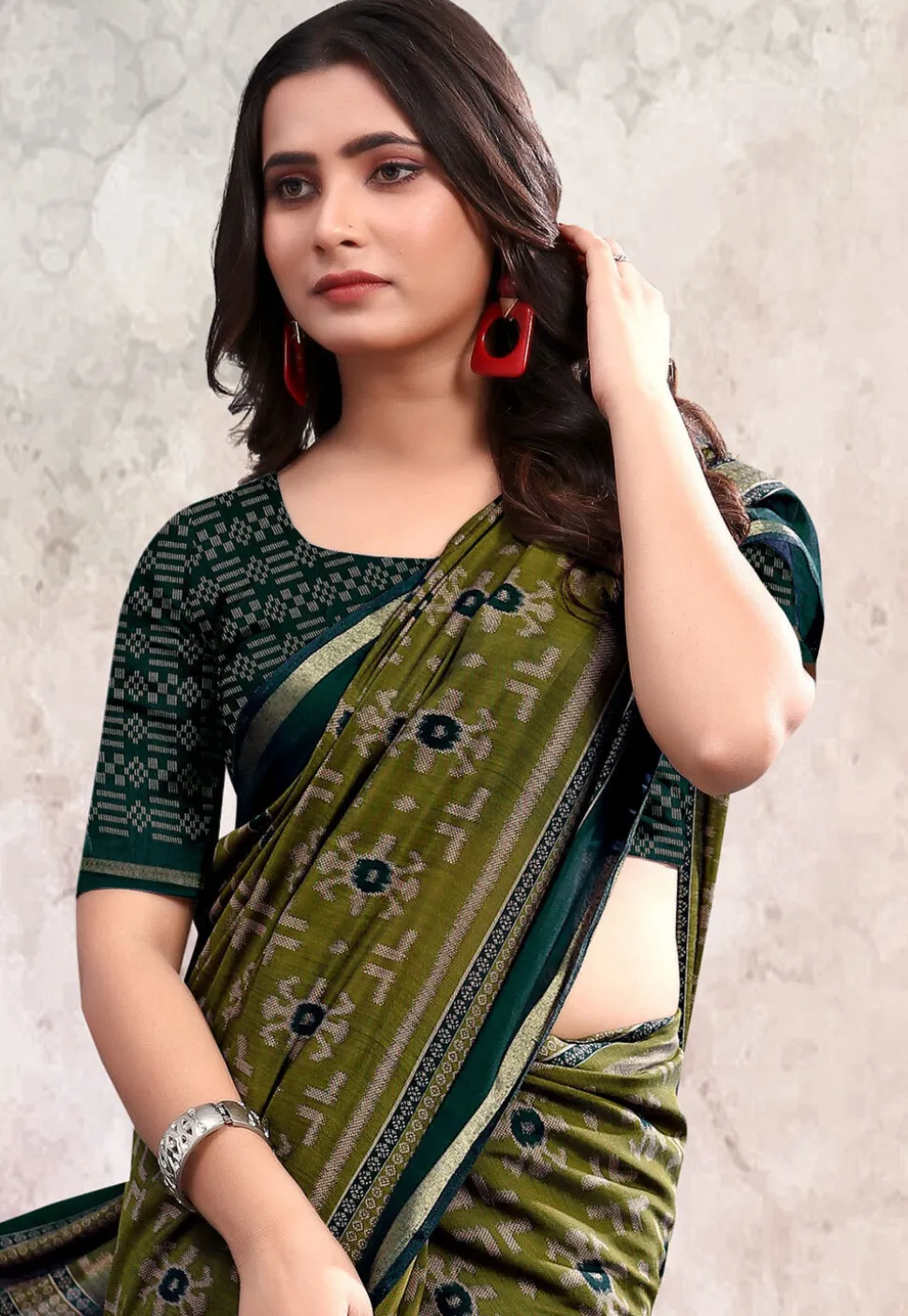 Digital Printed Cotton Saree in Olive Green