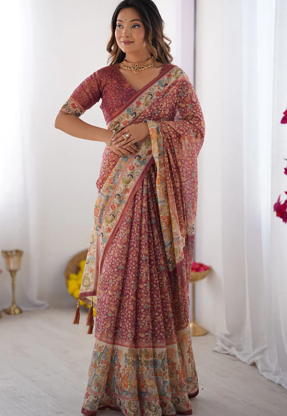 Digital Printed Cotton Saree in Maroon