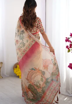 Digital Printed Cotton Saree in Beige
