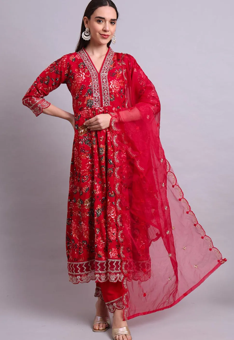 Digital Printed Cotton Scalloped A Line Suit in Red