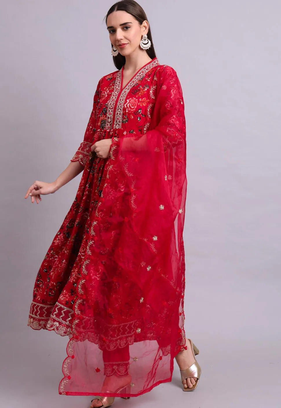 Digital Printed Cotton Scalloped A Line Suit in Red