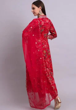 Digital Printed Cotton Scalloped A Line Suit in Red
