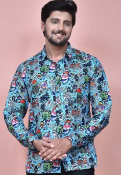 Digital Printed Cotton Shirt in Sky Blue