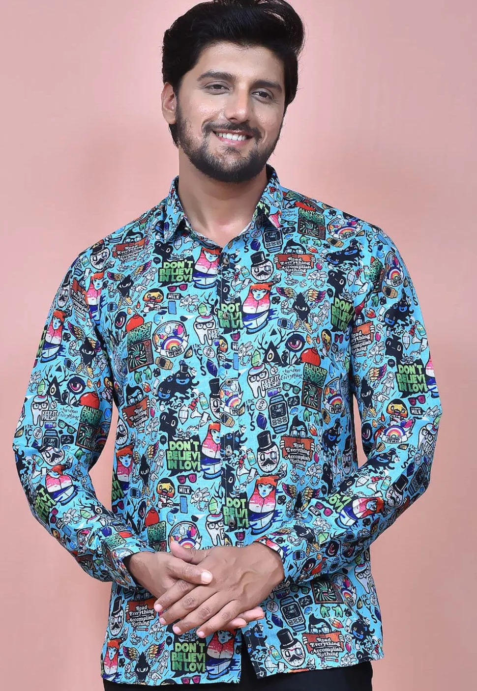 Digital Printed Cotton Shirt in Sky Blue