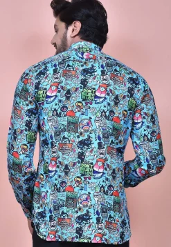 Digital Printed Cotton Shirt in Sky Blue
