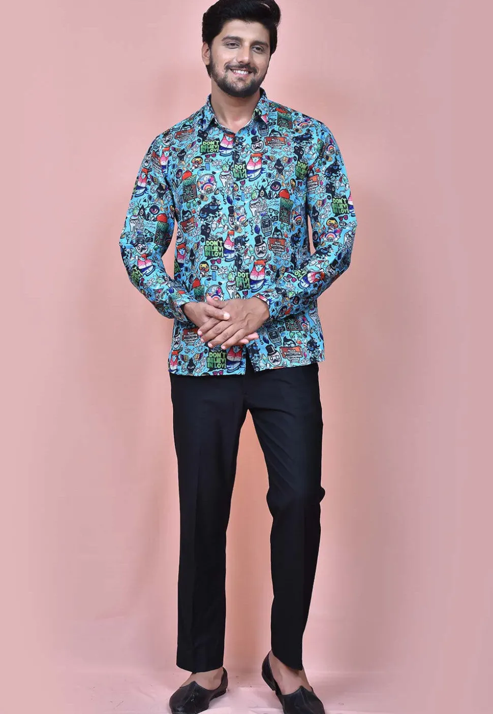Digital Printed Cotton Shirt in Sky Blue