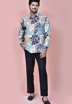 Digital Printed Cotton Shirt in Blue