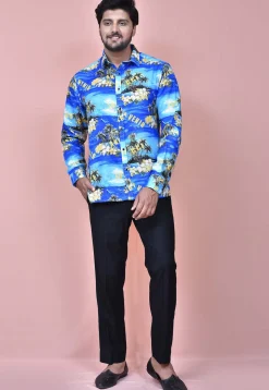 Digital Printed Cotton Shirt in Blue