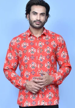 Digital Printed Cotton Shirt in Coral Red