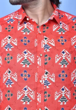 Digital Printed Cotton Shirt in Coral Red