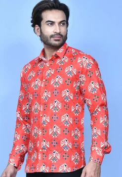 Digital Printed Cotton Shirt in Coral Red
