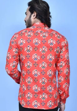 Digital Printed Cotton Shirt in Coral Red
