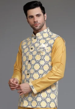 Digital Printed Cotton Silk Nehru Jacket in Off White