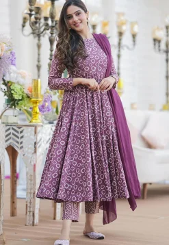 Digital Printed Cotton Silk Aline Suit in Purple