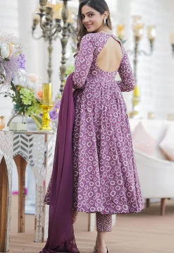 Digital Printed Cotton Silk Aline Suit in Purple
