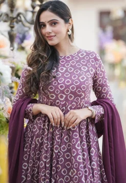 Digital Printed Cotton Silk Aline Suit in Purple