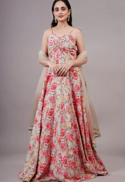 Digital Printed Cotton Silk Abaya Style Suit in Peach