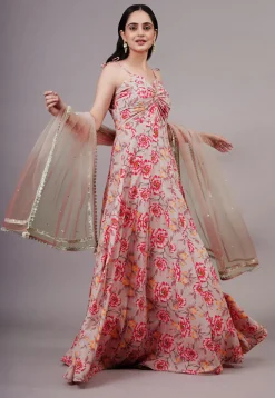 Digital Printed Cotton Silk Abaya Style Suit in Peach