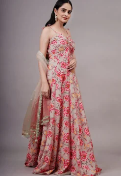 Digital Printed Cotton Silk Abaya Style Suit in Peach