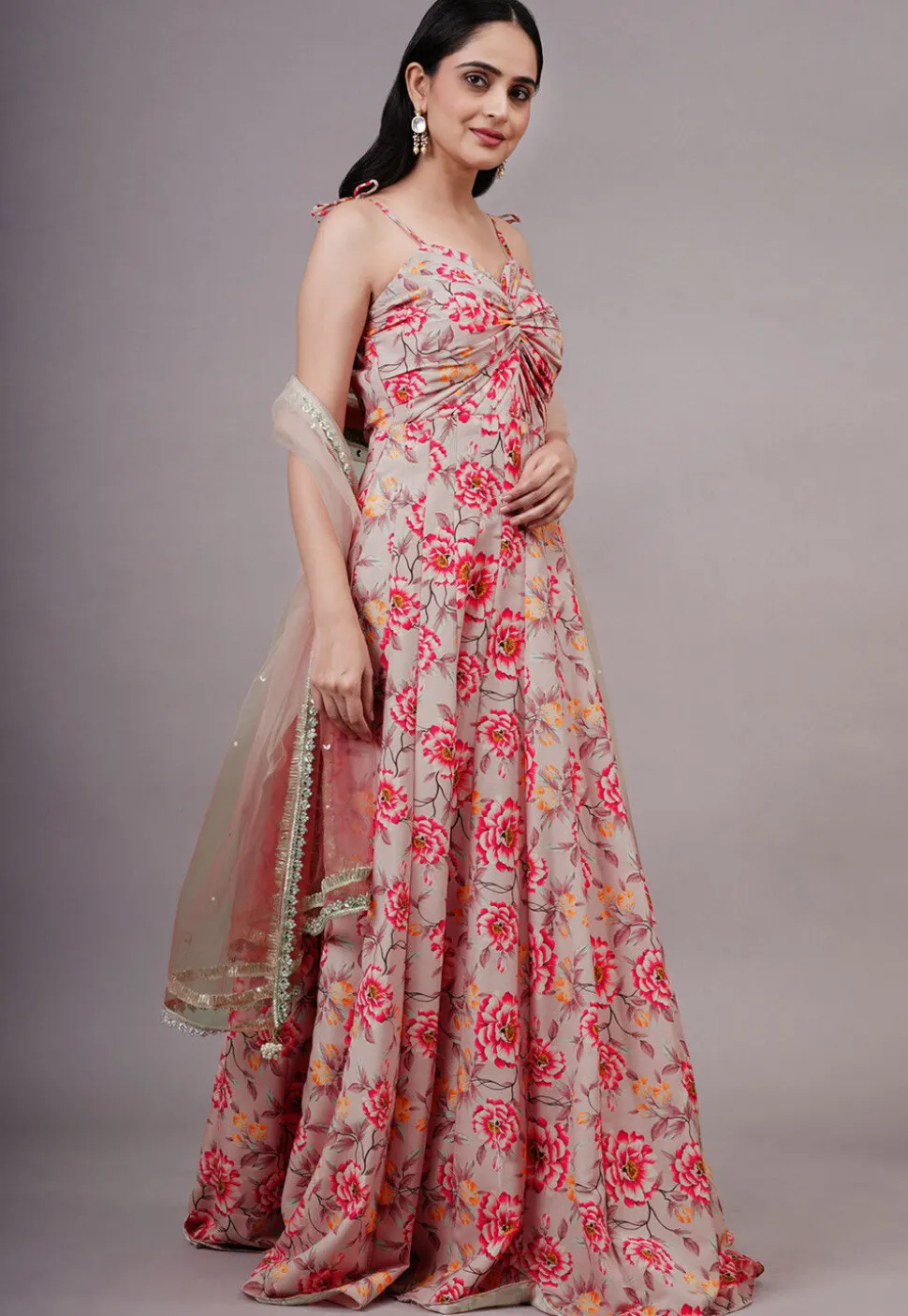 Digital Printed Cotton Silk Abaya Style Suit in Peach