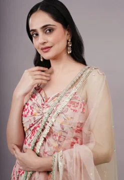 Digital Printed Cotton Silk Abaya Style Suit in Peach
