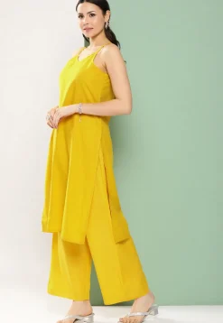 Digital Printed Cotton Silk Straight Kurta Set in Mustard