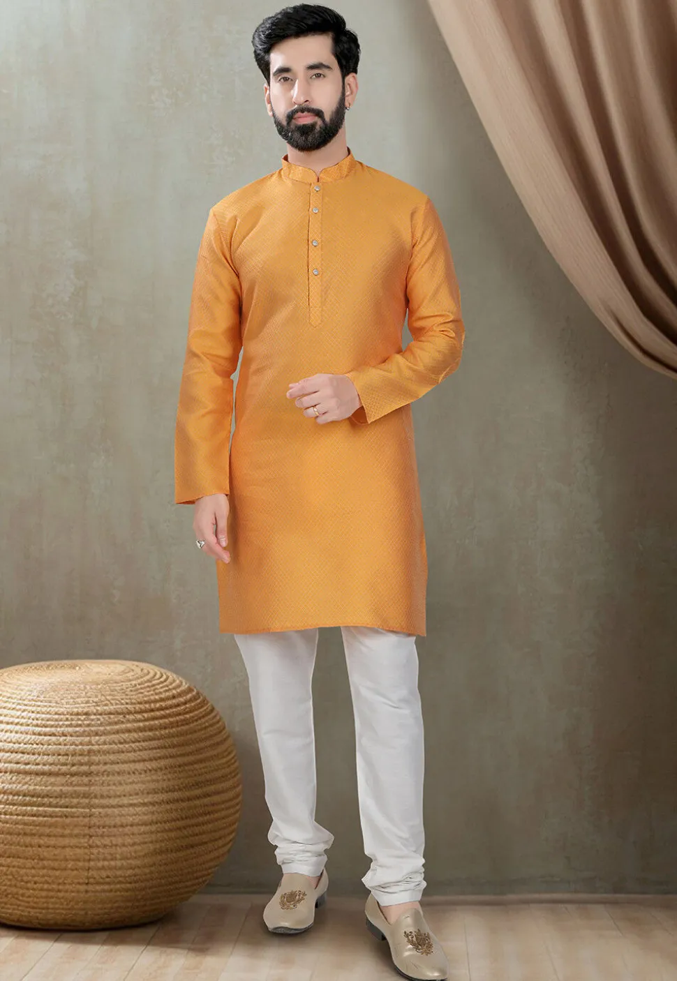Digital Printed Cotton Silk Kurta in Mustard