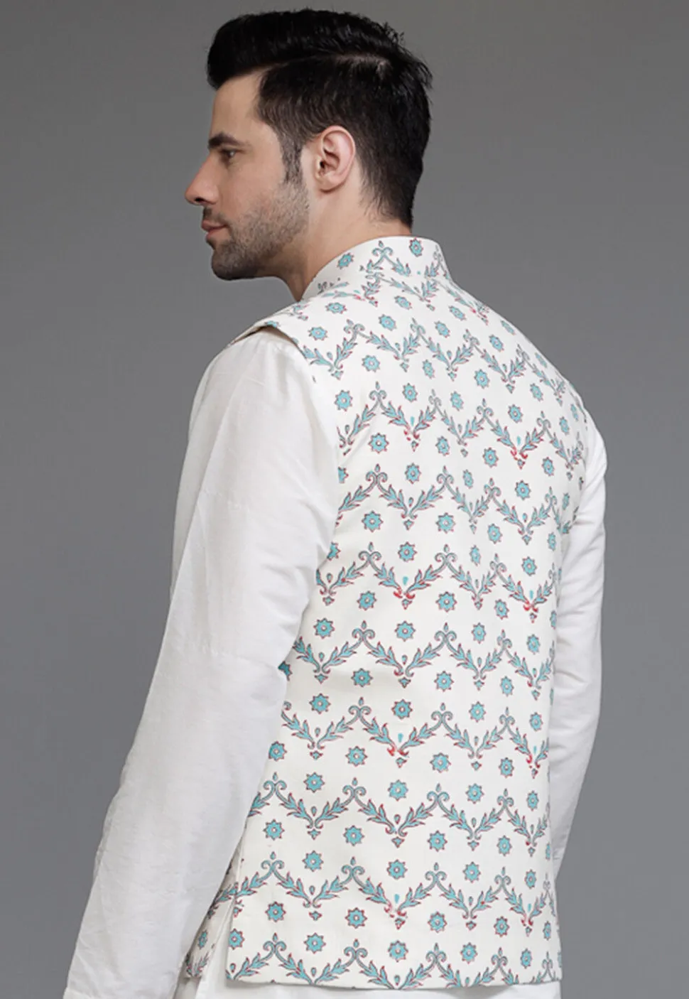 Digital Printed Cotton Silk Nehru Jacket in Off White