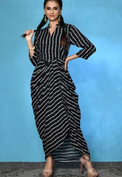 Digital Printed Cotton Silk Tulip Dress in Black