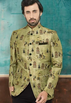 Digital Printed Cotton Silk Jodhpuri Jacket in Pastel Green
