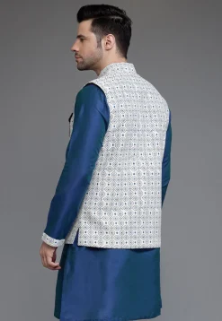 Digital Printed Cotton Silk Nehru Jacket in Off White