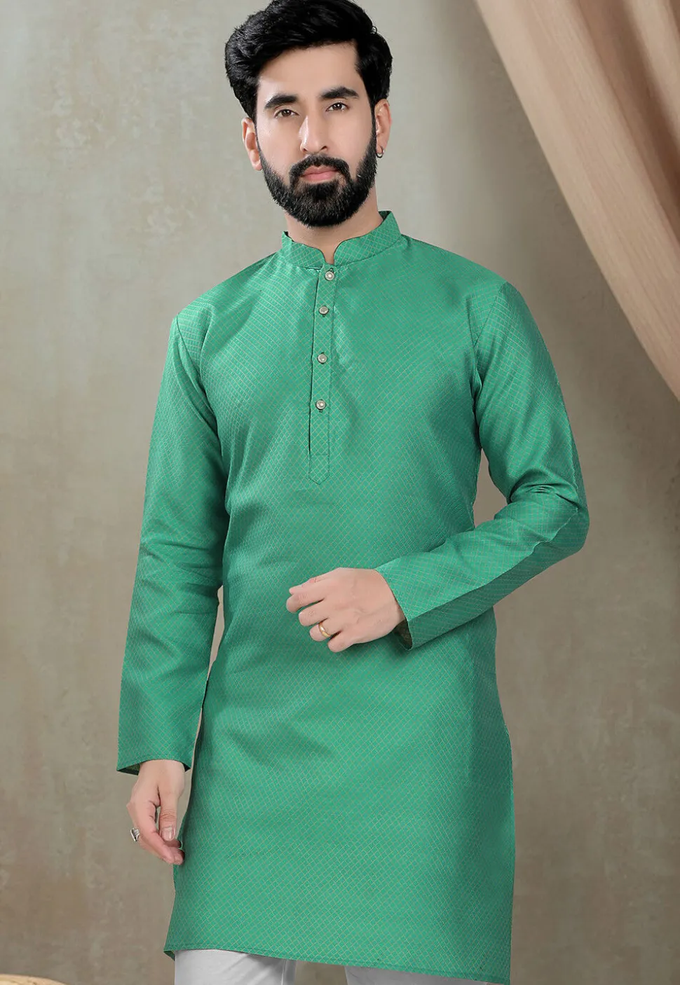 Digital Printed Cotton Silk Kurta in Green