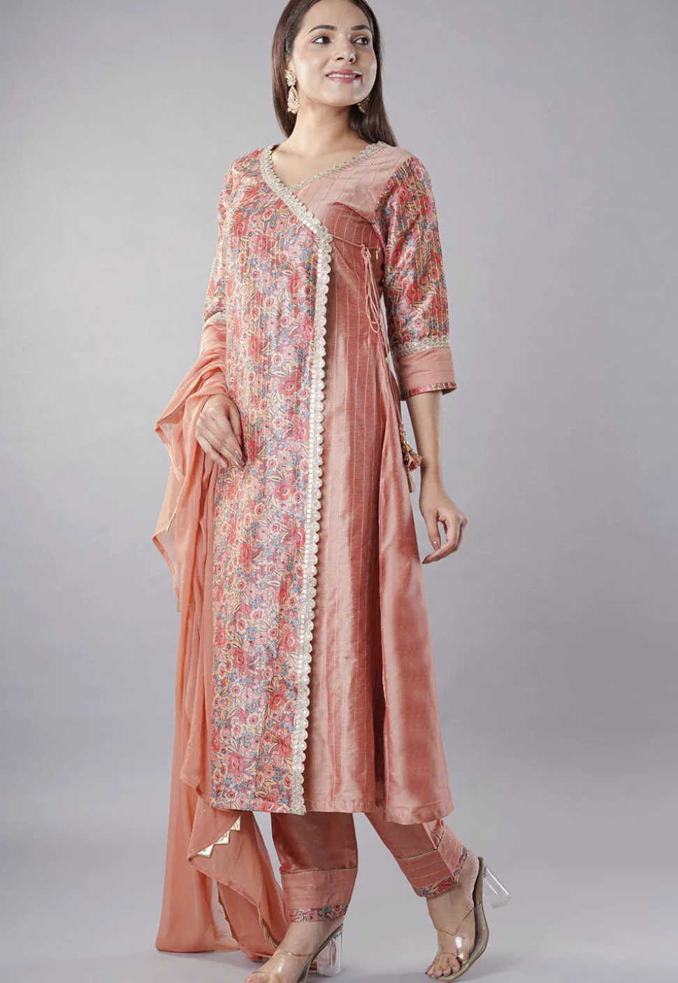 Digital Printed Cotton Silk and Raw Silk Aline Suit in Peach