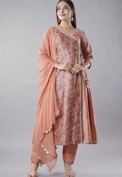 Digital Printed Cotton Silk and Raw Silk Aline Suit in Peach