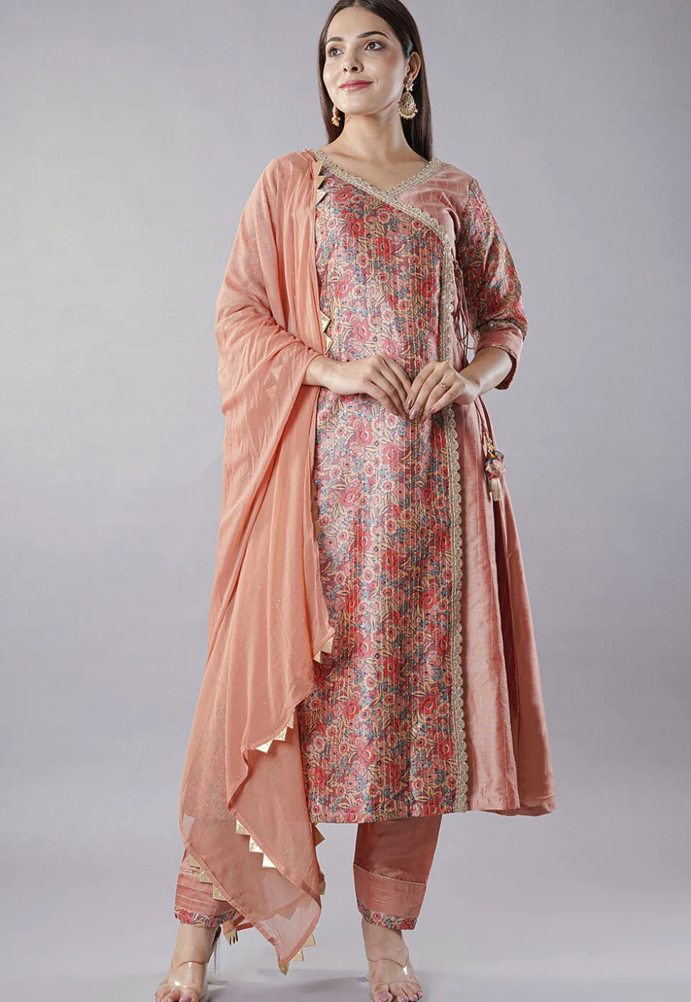 Digital Printed Cotton Silk and Raw Silk Aline Suit in Peach