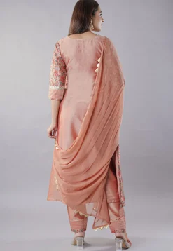 Digital Printed Cotton Silk and Raw Silk Aline Suit in Peach