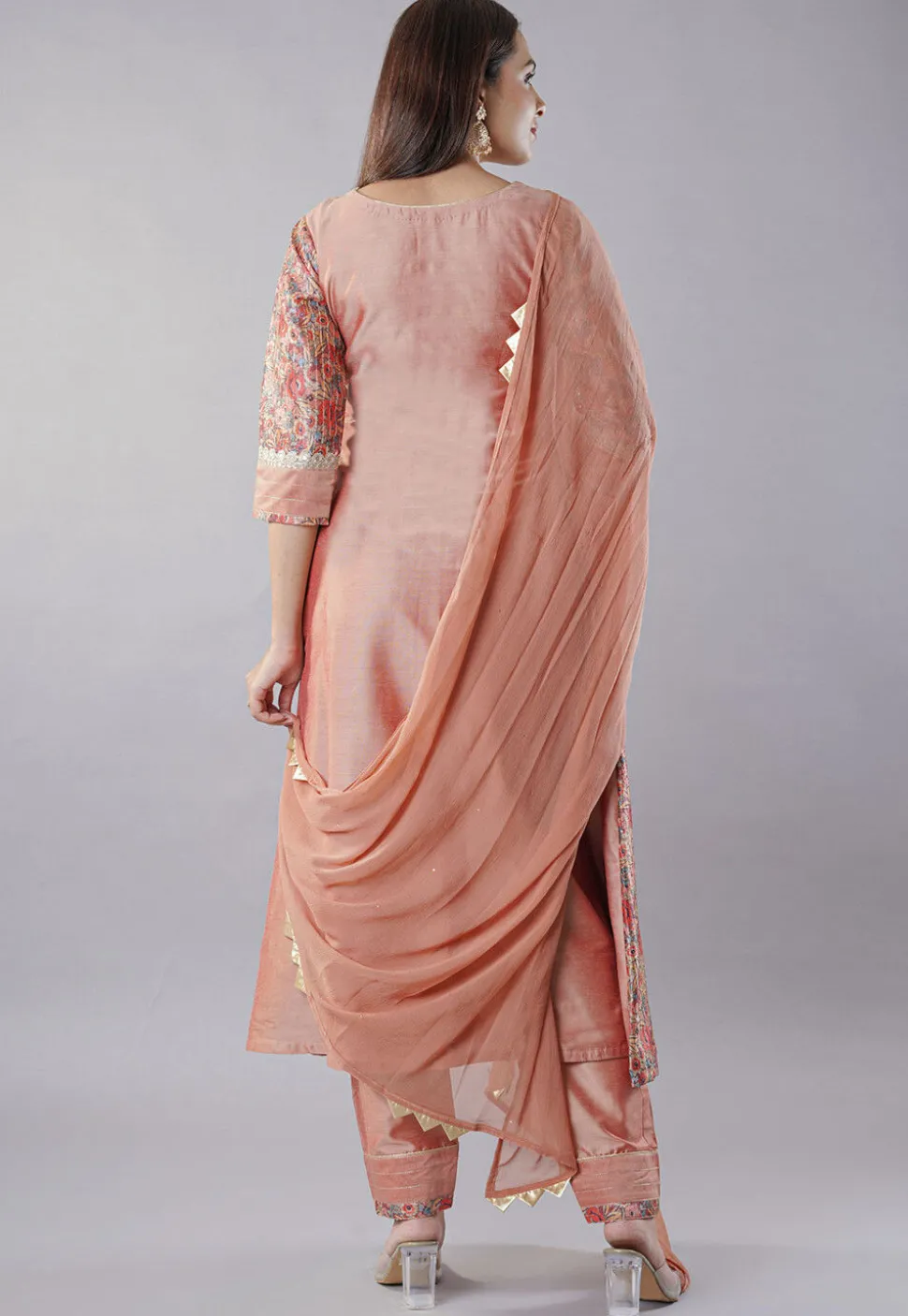 Digital Printed Cotton Silk and Raw Silk Aline Suit in Peach