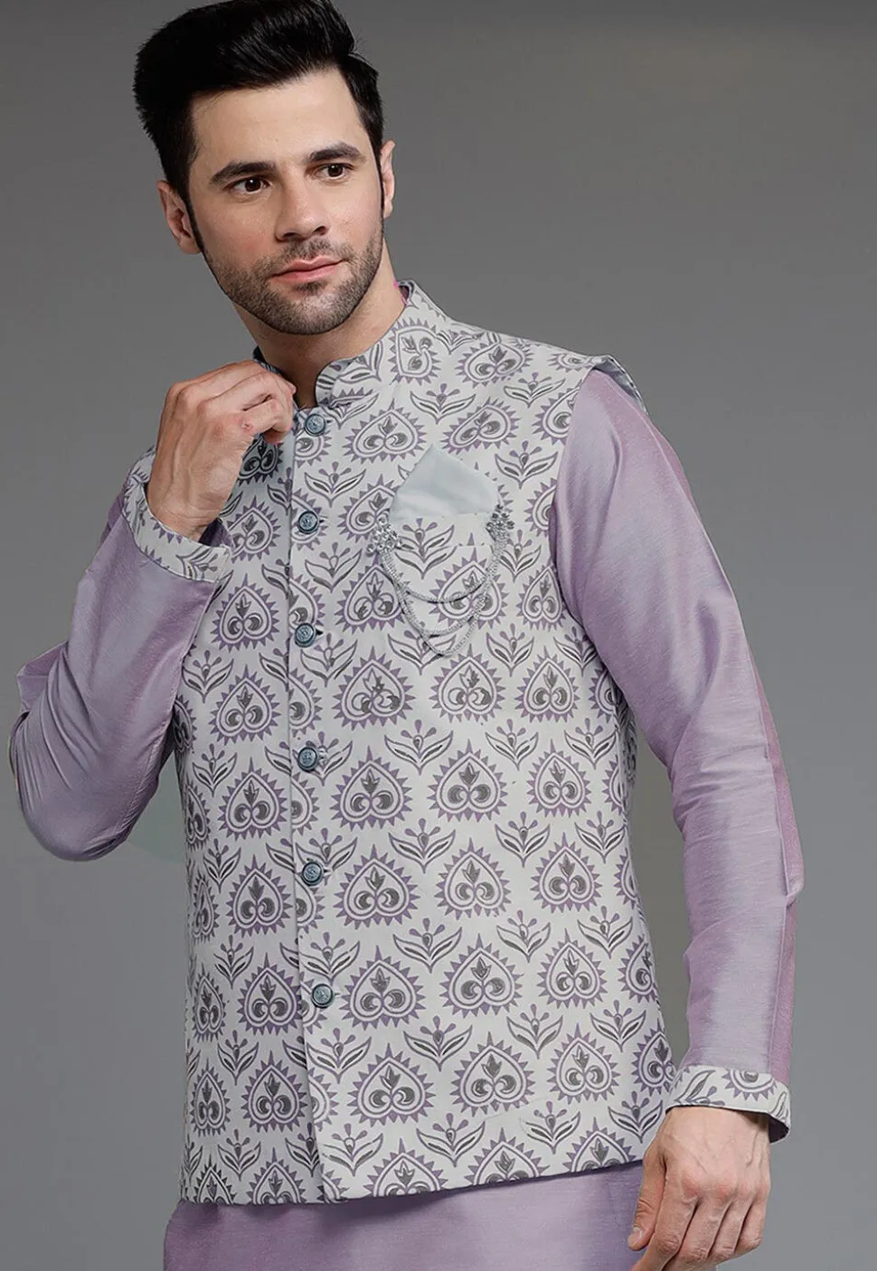 Digital Printed Cotton Silk Nehru Jacket in Grey